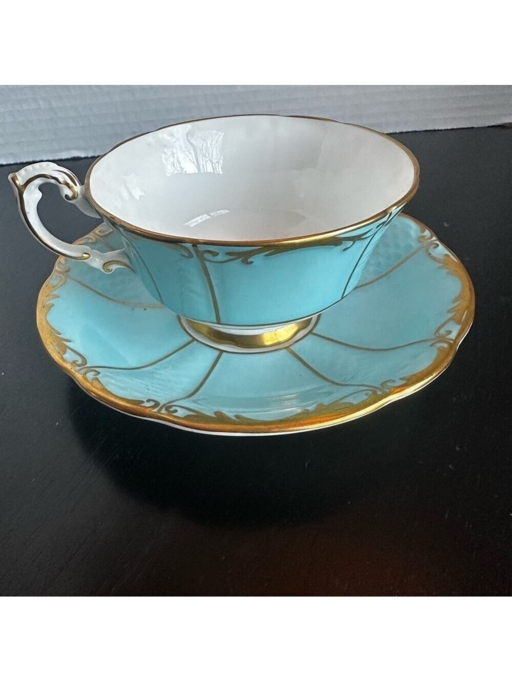 PARAGON Turquoise and White Footed Teacup and Saucer with Gold Filigree A2952/15